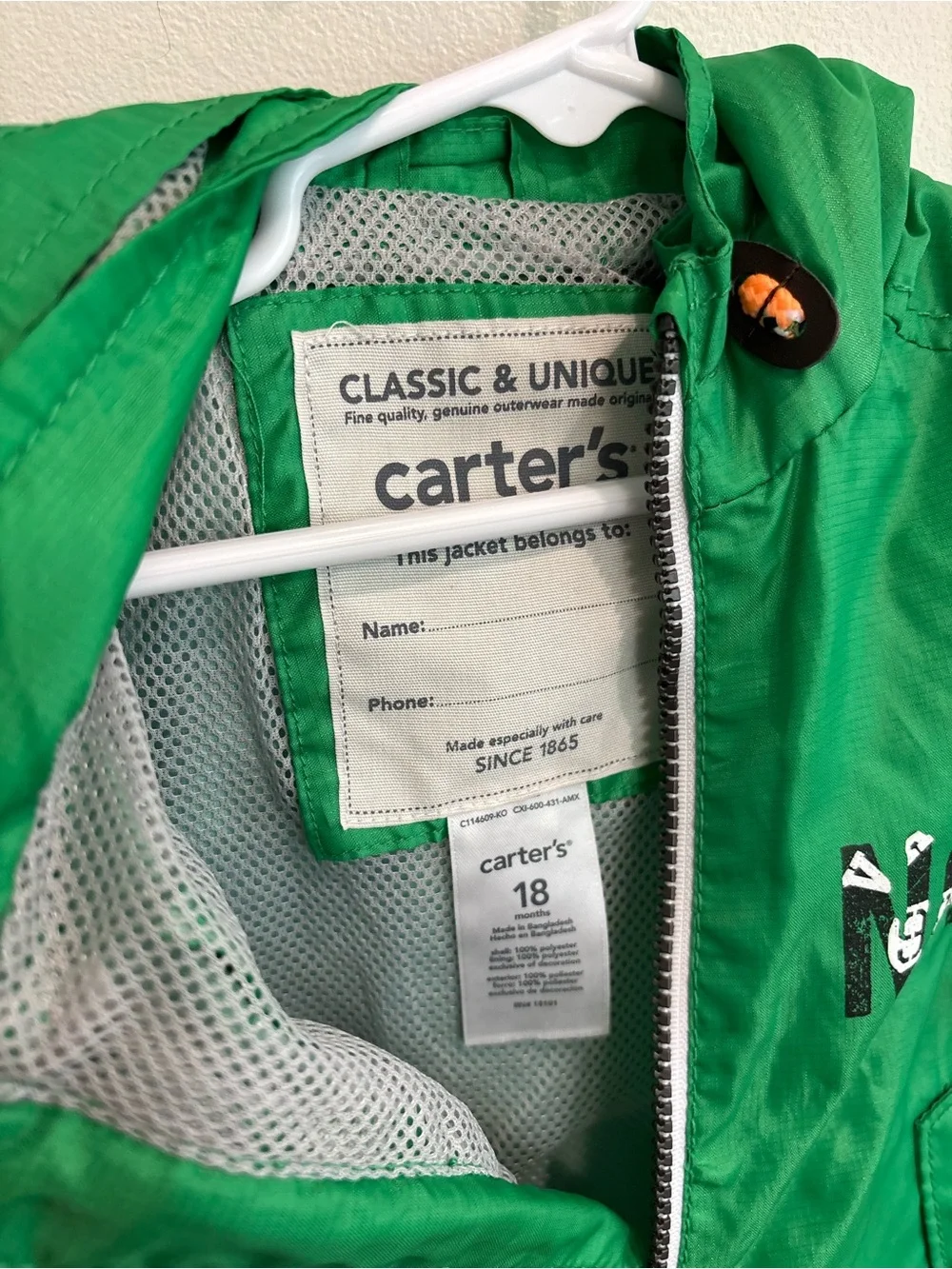 Carters Green 18 month ' Hooded Zip JacketNo.1' Detail windbreaker